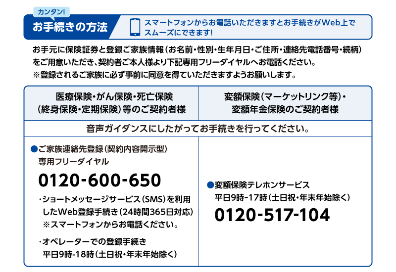 お手続きの方法 お手元に保険証券と登録ご家族情報（お名前・性別・生年月日・ご住所・連絡先電話番号・続柄）をご用意いただき、契約者ご本人より下記フリーダイヤルへお電話ください。※登録されるご家族に必ず事前に同意を得ていただきますようお願いします。医療保険・がん保険・死亡保険（終身保険・定期保険）等のご契約者様 ●ご家族連絡先登録（契約内容開示型）専用フリーダイヤル0120-600-650 変額保険（マーケットリンク等）・変額年金保険のご契約者様 ●変額保険テレホンサービス 平日9時-17時（土日祝・年末年始除く）0120-517-104