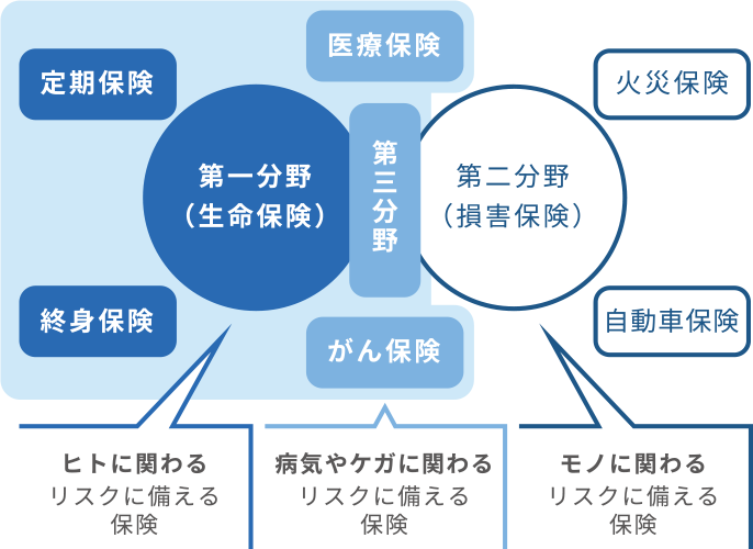 第一分野（生命保険）ヒトに関わるリスクに備える保険　第二分野（損害保険）モノに関わるリスクに備える保険　第三分野 病気やケガに関わるリスクに備える保険